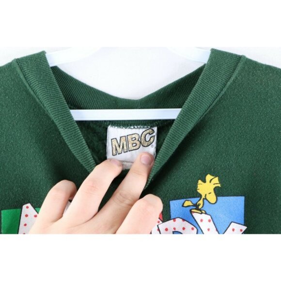 Vintage 90s Peanuts Womens XL Faded Snoopy Merry Christmas Sweatshirt Green USA - Picture 6 of 9